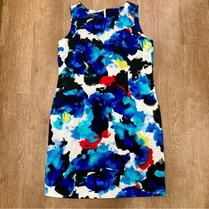 Mario Serrani Italy Sheath Dress Blue Floral Watercolor Sleeveless Size 14